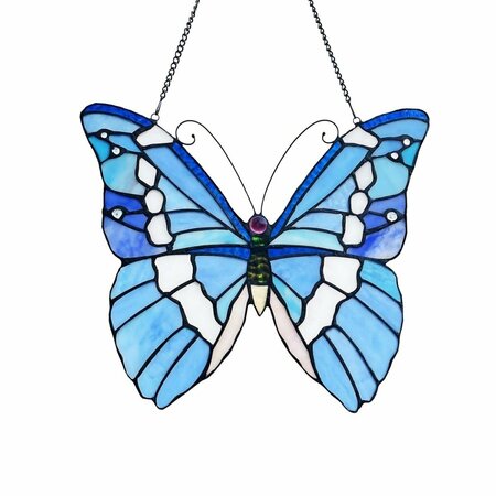 CHLOE LIGHTING 14 in. Silver-studded Butterfly-style Stained Glass Window Panel CH1P624BL14-BFY